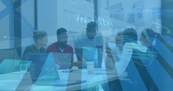 Discussing group of six colleagues analyzing data in conference room with laptops and coffee cup
