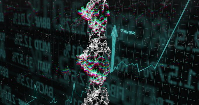 Glitch double helix floating in trading dashboard, with up arrow, candlestick and line chart data