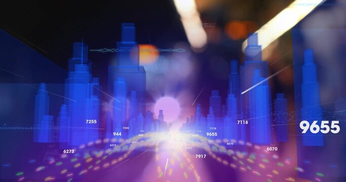 Displaying 3D bar columns pulsing in data landscape, with purple orb and floating numeric labels