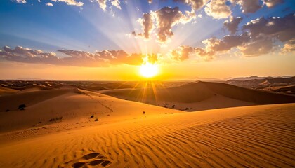Desert dunes glow under a vibrant sunburst sky at sunset