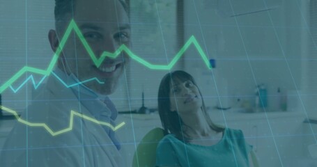 Smiling dentist examining patient in chair in clinic with mask and digital chart overlay