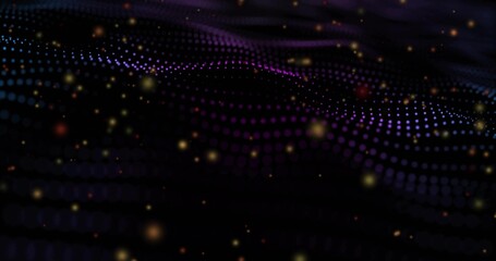Glowing grid of illuminated dots undulating in digital environment, with floating golden particles