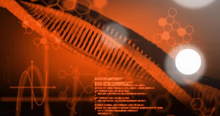 Rotating ribbed helix ribbon in digital interface, with glowing orbs, hexagons, code blocks