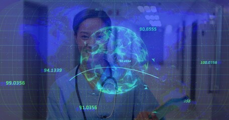 Obraz premium Standing nurse in scrubs analyzing holographic globe in hospital hall, with stethoscope tablet