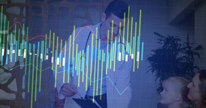 Consulting doctor with stethoscope reviewing clipboard with family in clinic with financial overlay - Powered by Adobe