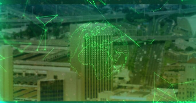 Showing translucent green wireframe globe overlaying urban downtown with office towers and highways - Powered by Adobe
