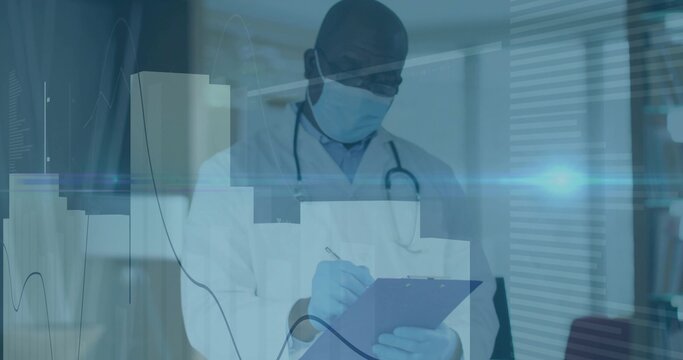 Senior doctor wearing mask reviewing hologram charts in clinic, with clipboard and stethoscope - Powered by Adobe