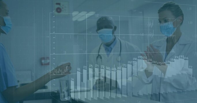 Nurse in scrubs exchanging patient folder with doctor at reception counter, with chart overlay - Powered by Adobe