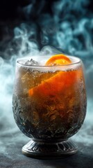 Dark Spooky Halloween Cocktail with Orange Slice and Smoky Effect