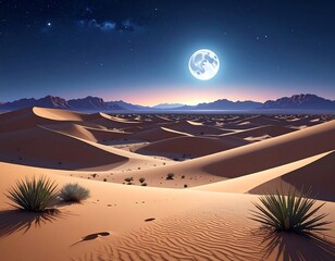 Desert landscape under a bright moon and starry sky, with rolling sand dunes