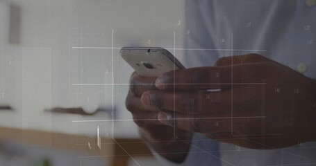 Swiping hands in button-up shirt using smartphone screen at office, showing numeric grid overlay