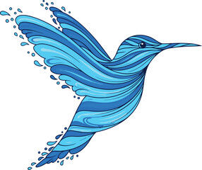 Stylized Blue Hummingbird Illustration with Water-like Patterns.