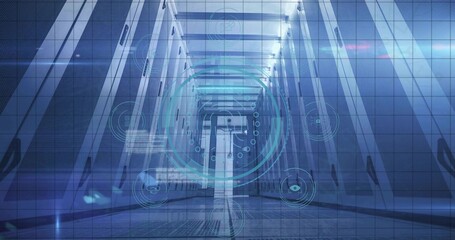 Displaying holographic circular interface graphic near steel trusses in corridor, with LED strips