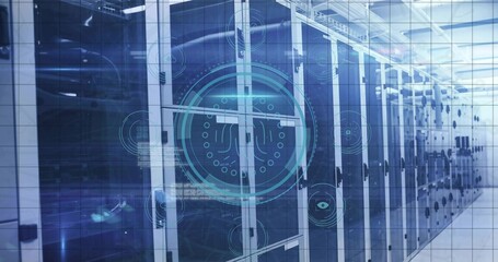 Server rack row showing network cables blinking LEDs under cable trays in data center, HUD graphics