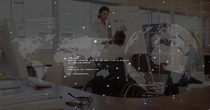 Presenting male trainer gesturing toward flipchart in office, with wheelchair and world-map overlay