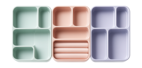 Interlocking plastic trays for neatly organizing jewelry on a vanity.