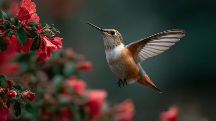 A beautiful hummingbird in flight near vibrant red flowers