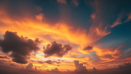 Dramatic sunrise and sunset sky with vibrant clouds, showcasing warm and cool color contrasts in a panoramic view.
