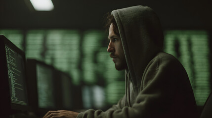 Man in a hoodie working on a computer, possibly hacking or coding