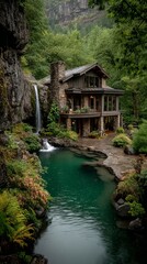 Serene House Near a Tranquil Waterfall Surrounded by Lush Greenery
