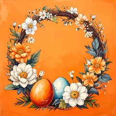 Floral wreath with colorful flowers, eggs, and vibrant orange background