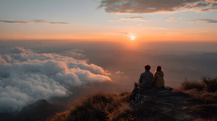 Couple watching the sunset from a mountain peak
