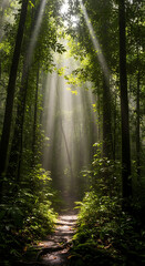 Fototapeta premium Sunlight Beams Piercing Through Forest Canopy Onto a Mystical Pathway