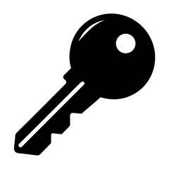 Simple black key silhouette on white background offering access or security