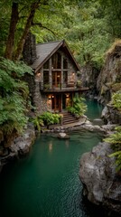 Serene Cabin by the River Surrounded by Lush Forest