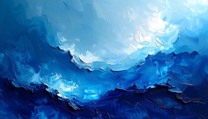 Obraz premium A textured artwork showcasing the deep blue ocean waves meeting the bright sky with brushstrokes creating depth. Waves crash below, with sunlight
