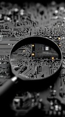Close-Up of Circuit Board with Magnifying Glass Inspecting Details