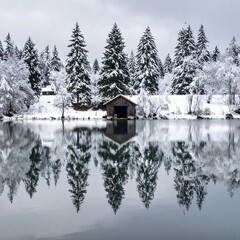 Winter landscape with snow-covered trees and a boathouse reflected in a still lake