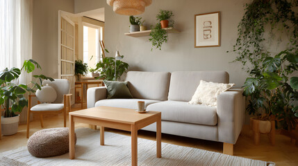 Cozy living room with a neutral sofa, wooden furniture, and lush houseplants