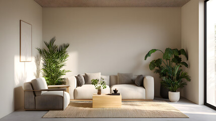 Modern living room interior with sofa, plants, and natural light
