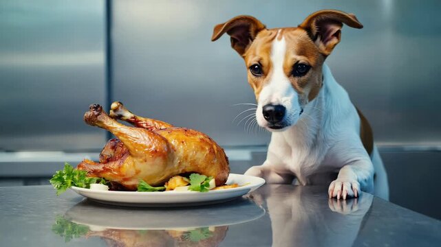 Cute terrier dog sitting on kitchen table with roasted turkey or chicken