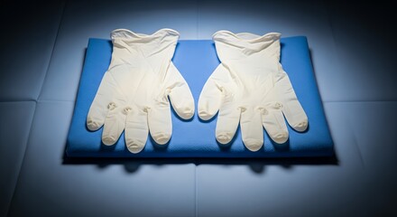 Pair of White Medical Gloves on Blue Sterile Surface