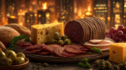 Deluxe charcuterie board with cheese, meats, olives, and bread, set against a glowing city skyline at night