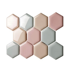 A collection of hexagonal tiles in pastel shades of pink, beige, and light blue arranged in a staggered pattern.