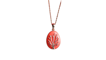 Coral pendant necklace with silver tree design, delicate chain