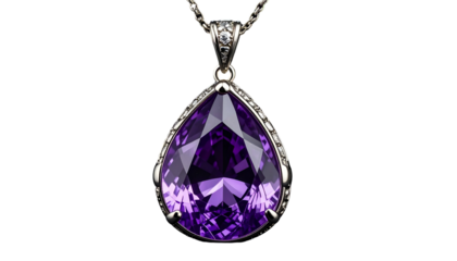 Pear-shaped purple gem pendant, set in silver with small accent diamonds