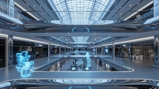 A futuristic mall interior boasts glossy, metallic surfaces and a glass ceiling. Blue accents and light emanate throughout the space, creating a sleek, modern atmosphere