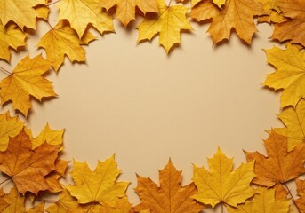 Flat lay frame of vibrant orange and yellow maple leaves on a neutral beige background