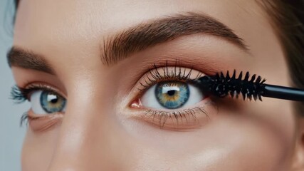 Beautiful woman applying makeup with eyelashes mascara brush at home