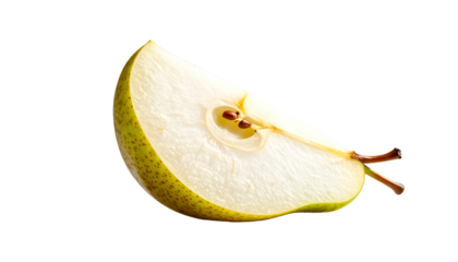 Single sliced pear segment, green skin, juicy white flesh, core seeds