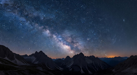 Milky Way Galaxy Arching over Dark Mountain Peaks at Night