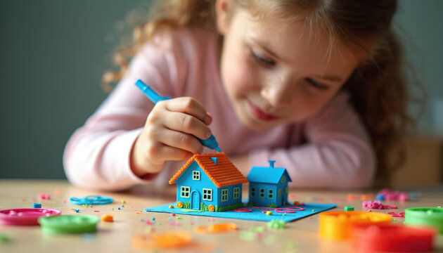 Young girl uses 3D printing pen, carefully drawing colorful details on small house model. Child creates miniature home with modern tech tool, learning craft, design, building process. Kids enjoy