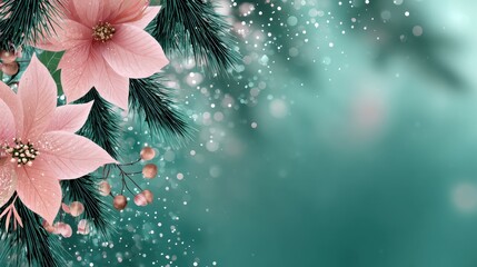 Pink poinsettias, evergreen pine sprigs and red berries on a teal blue winter background with falling snow and soft bokeh lights for festive holiday cards and banners