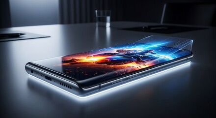 Sleek smartphone displaying a vibrant cityscape on its screen, showcasing modern technology and connectivity in a professional setting, isolated on white background