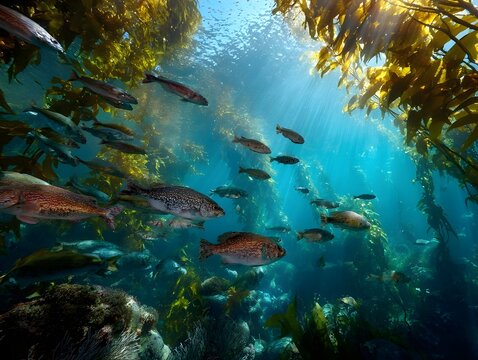 Underwater kelp forest with a school of fish swimming through sunlit rays