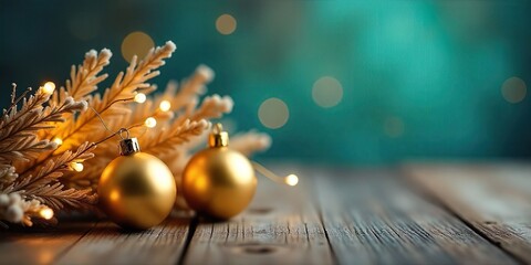 Fototapeta premium Holiday decor featuring shiny gold balls and warm fairy lights arranged on rustic wooden surface.